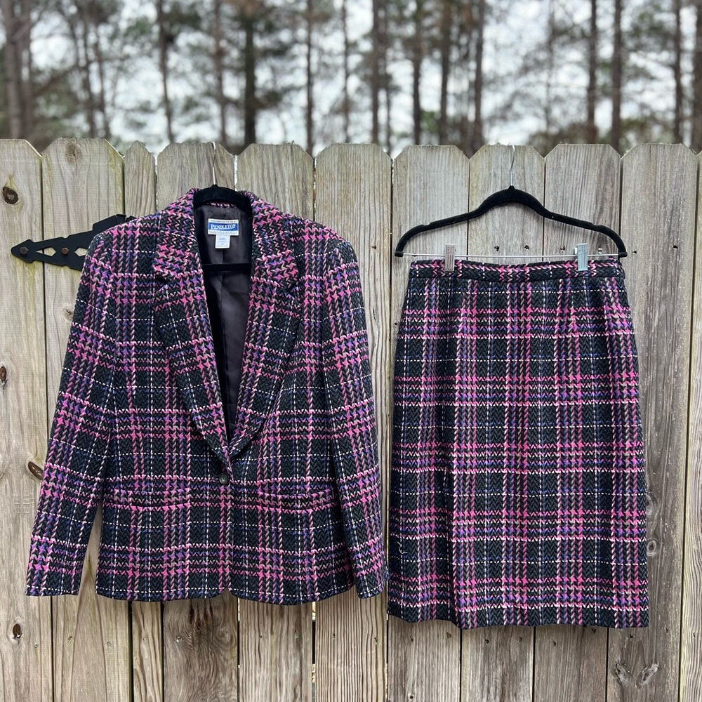 PENDLETON RARE Pink Gray White Tartan Plaid Virgin Wool Skirt Suit Women’s 12